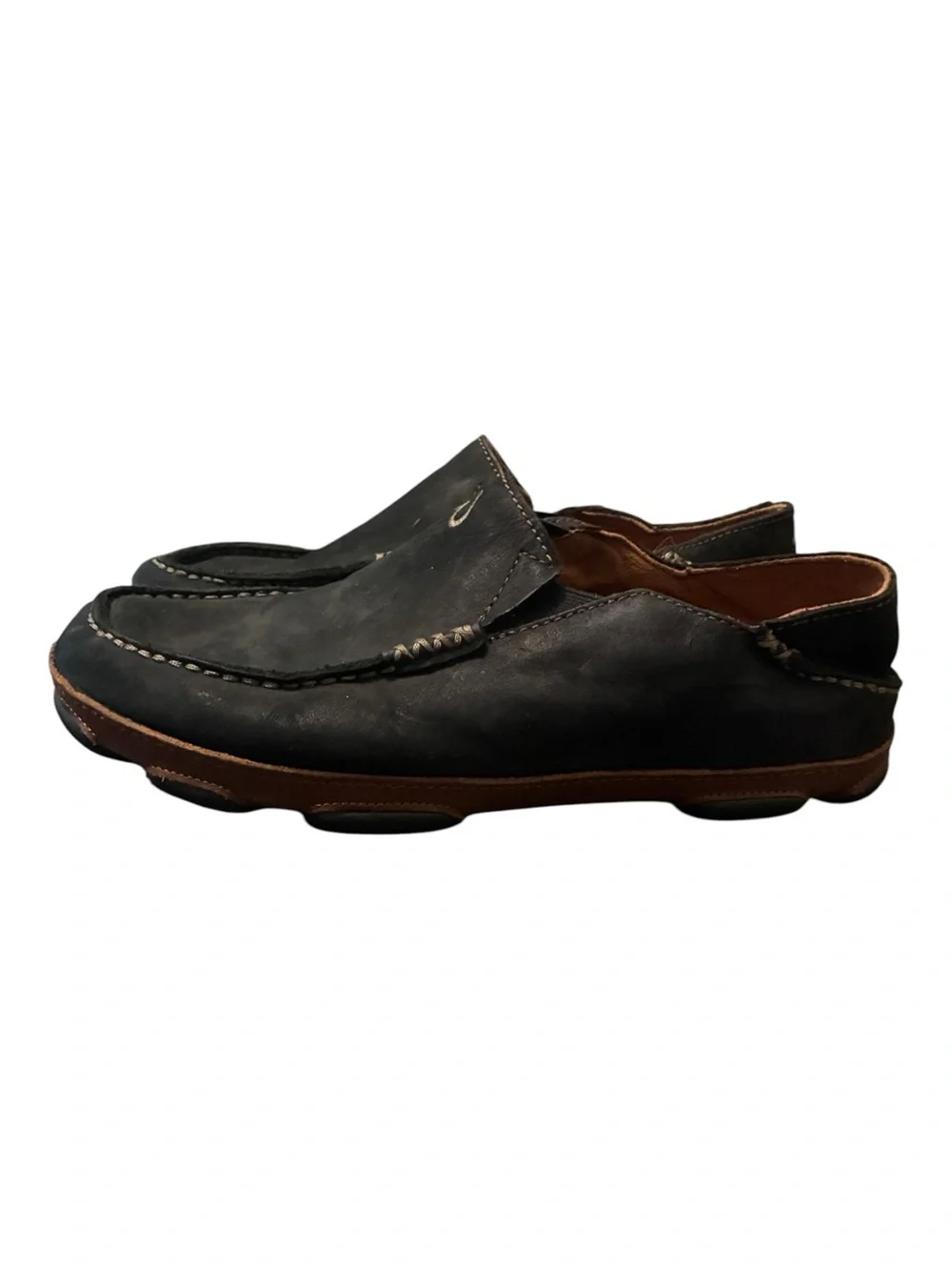 OluKai Moloa Men's Black Leather Slip On Loafers Shoes Size 8 EUC